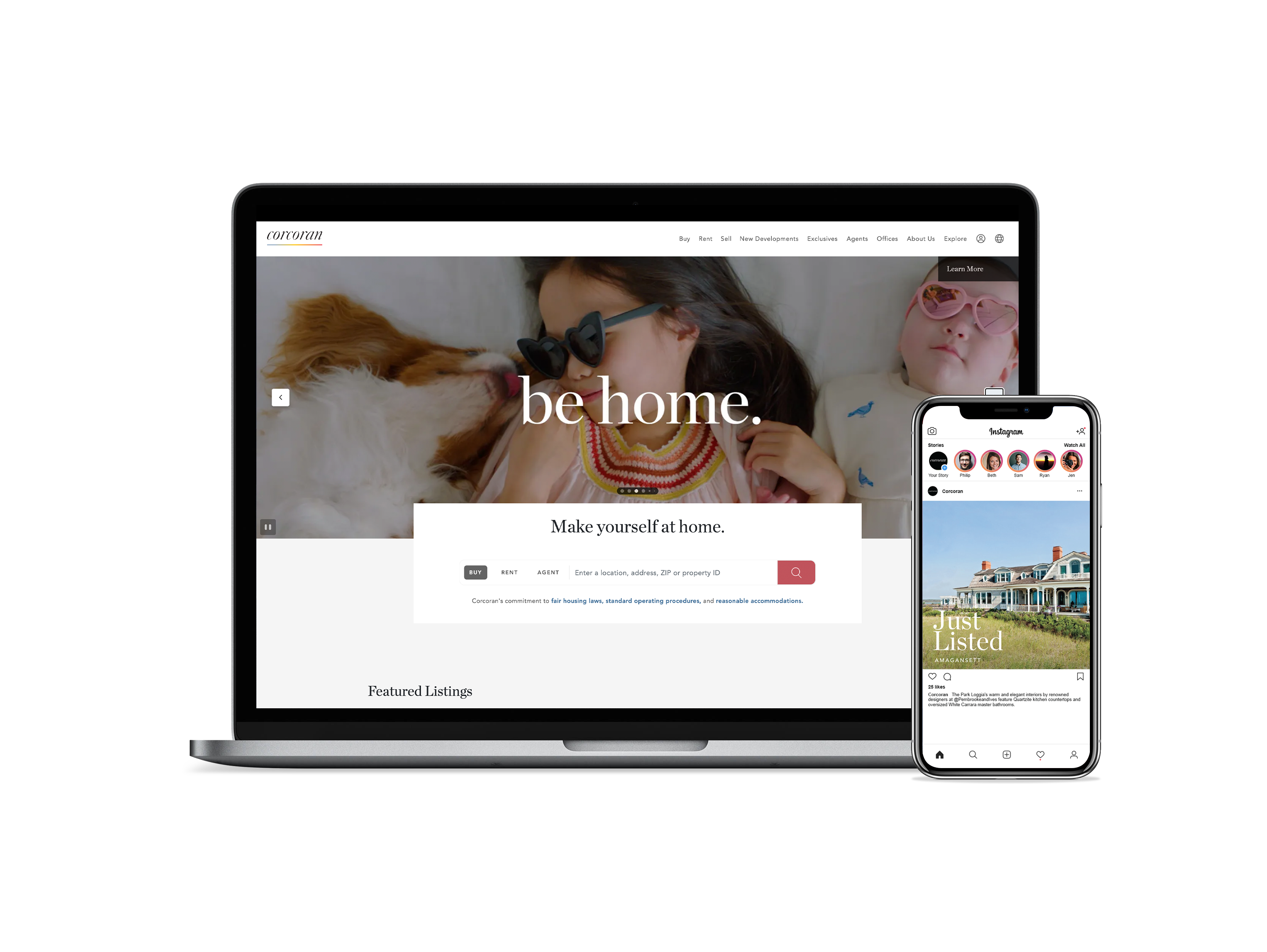 image of a laptop with the corcoran website and a phone with corcoran's instagram page displayed.
